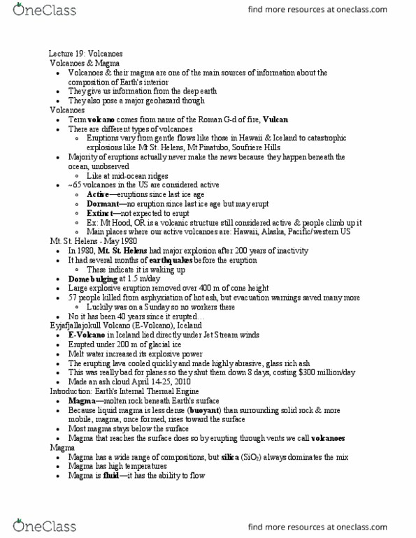 GSC 110 Lecture Notes - Lecture 19: Soufrière Hills, Mount Hood, Geohazard thumbnail