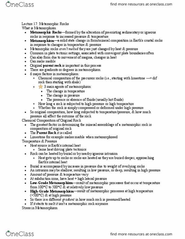 GSC 110 Lecture Notes - Lecture 17: Metamorphic Rock, Convergent Boundary, Plate Tectonics thumbnail