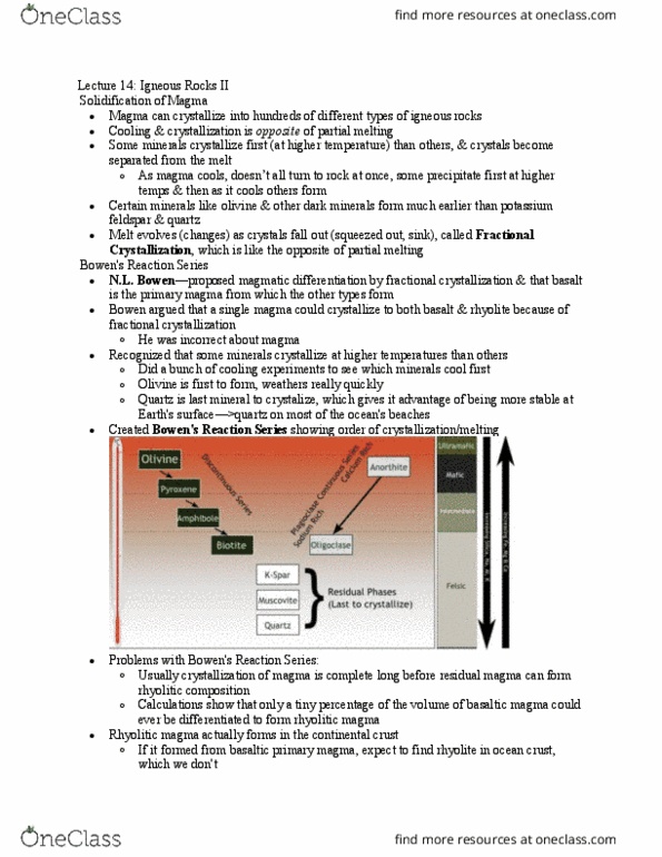 GSC 110 Lecture Notes - Lecture 14: Igneous Differentiation, Oceanic Crust, Continental Crust thumbnail