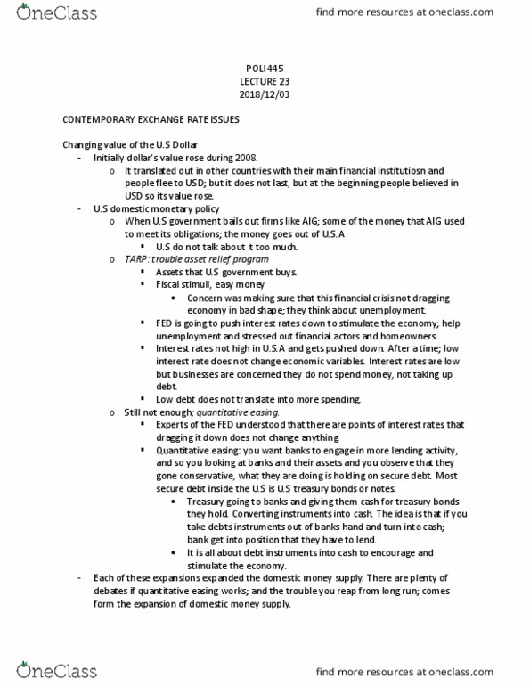 POLI 445 Lecture Notes - Lecture 23: Quantitative Easing, Money Supply, Eurozone thumbnail