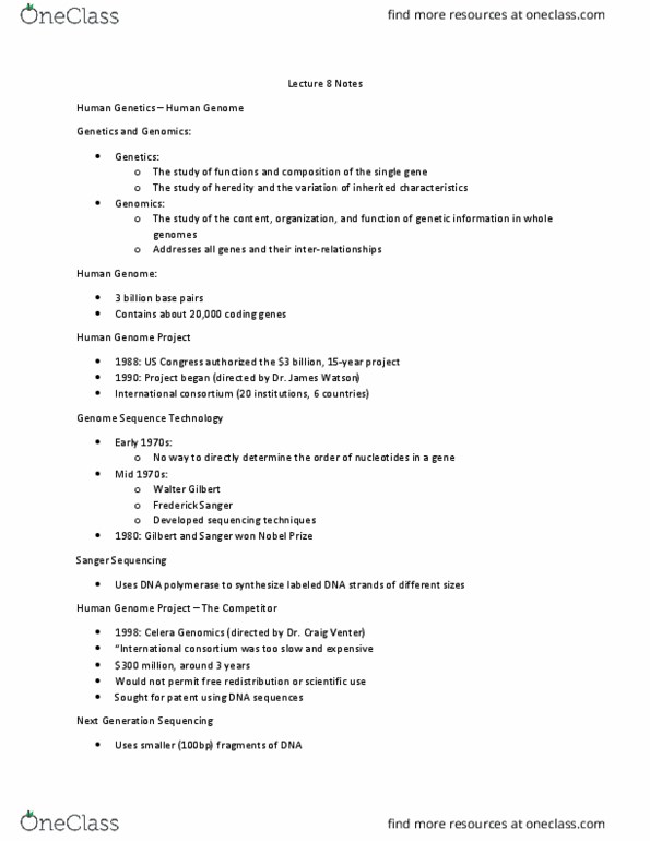BIOL 3134 Lecture Notes - Lecture 8: Human Genome Project, Craig Venter, Celera Corporation thumbnail