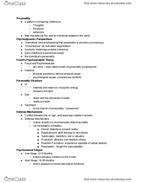 PSY 2012 Lecture Notes - Lecture 10: Oral Stage, Reality Principle, Reaction Formation thumbnail