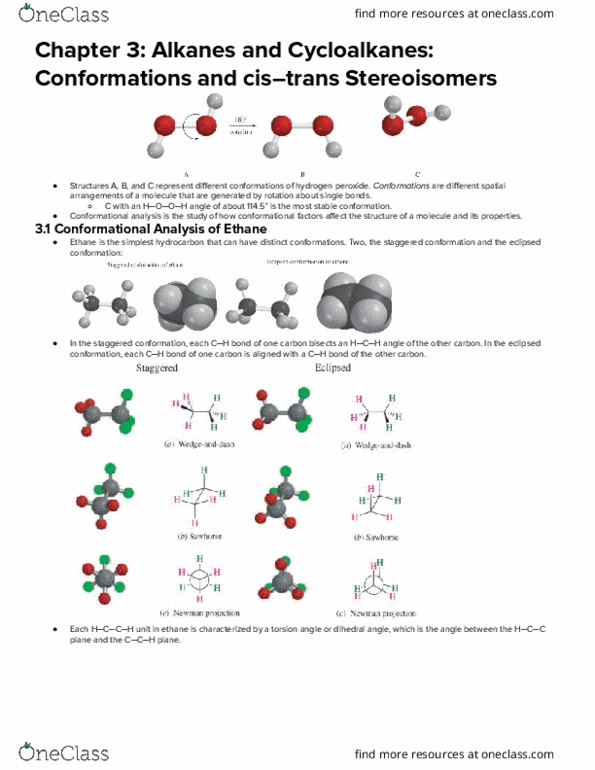 CHEM 231 Chapter Notes - Chapter 3: Staggered Conformation, Eclipsed Conformation, Ethane thumbnail