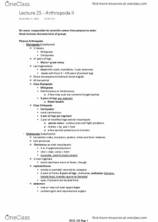 BIOL108 Lecture Notes - Lecture 25: Arthropod, Chelicerae, Millipede thumbnail