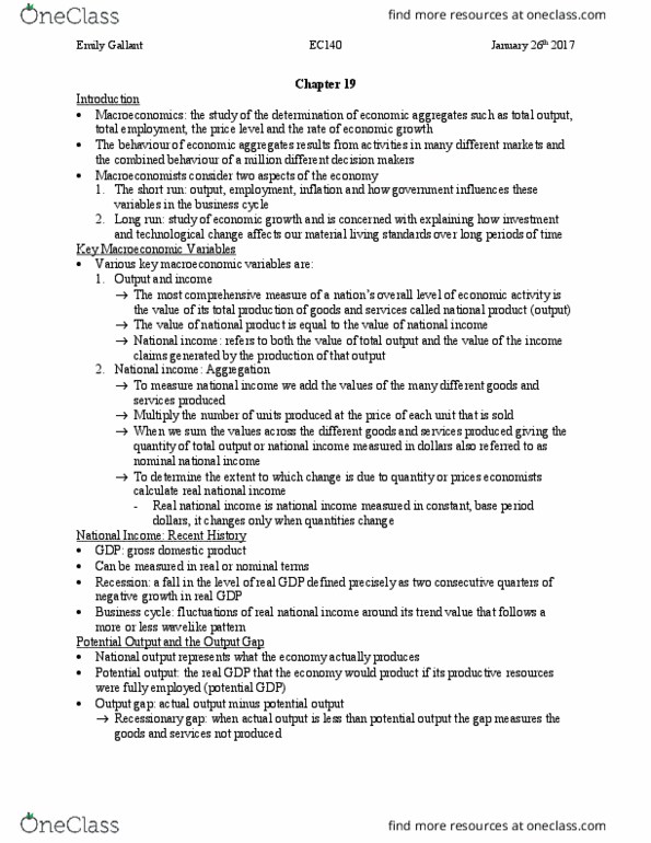 EC140 Chapter Notes - Chapter 19: Gross Domestic Product, Output Gap, Potential Output thumbnail