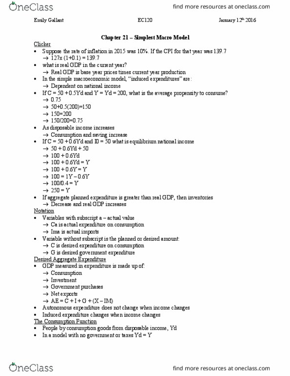 EC140 Chapter Notes - Chapter 21: Autonomous Consumption, Macroeconomic Model, Consumption Function thumbnail