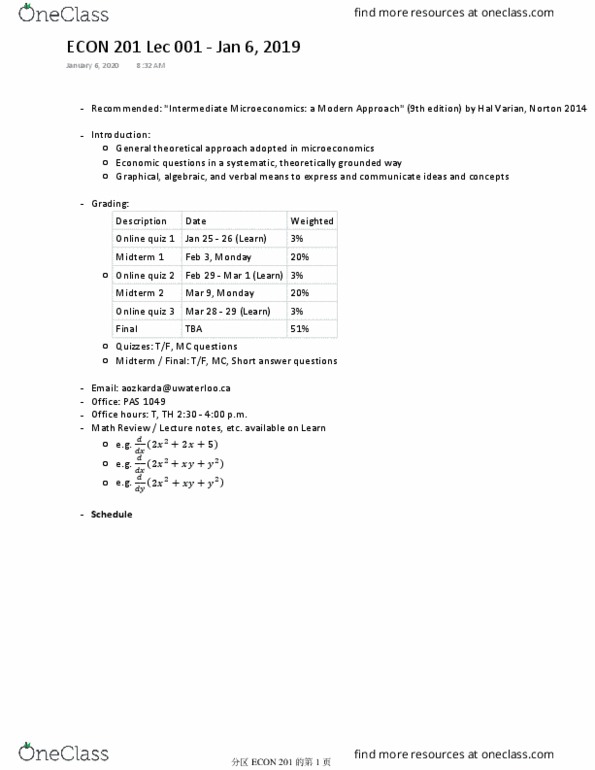 ECON201 Lecture Notes - Lecture 1: Hal Varian, Microeconomics thumbnail