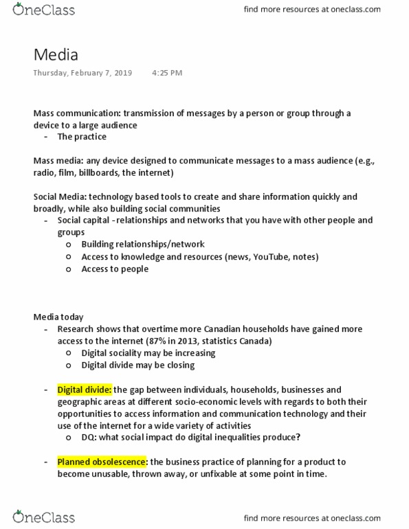 SOCIOL 1Z03 Lecture Notes - Lecture 6: Planned Obsolescence, Digital Divide, Mass Media thumbnail