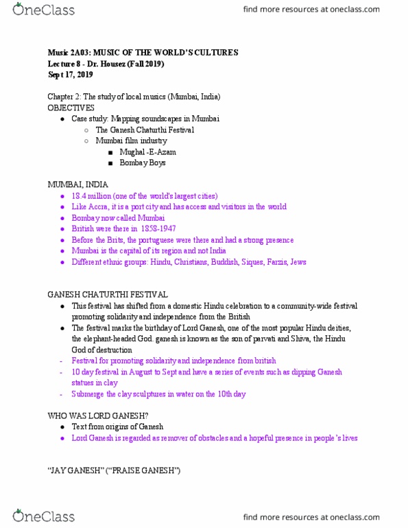 MUSIC 2A03 Lecture Notes - Lecture 8: Ganesh Chaturthi, Ganesha, Bombay Boys thumbnail