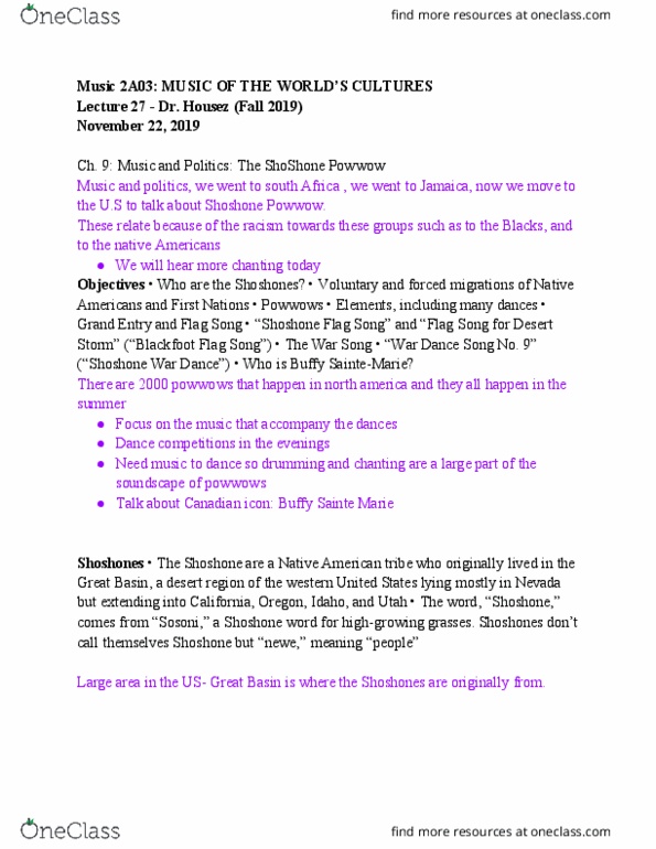 MUSIC 2A03 Lecture Notes - Lecture 28: Buffy Sainte-Marie, The War Song, Pow Wow thumbnail
