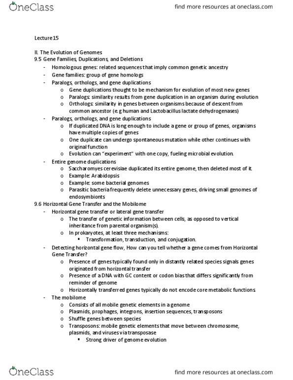 MCB 3020C Lecture Notes - Lecture 15: Horizontal Gene Transfer, Polyploid, Gene Duplication thumbnail