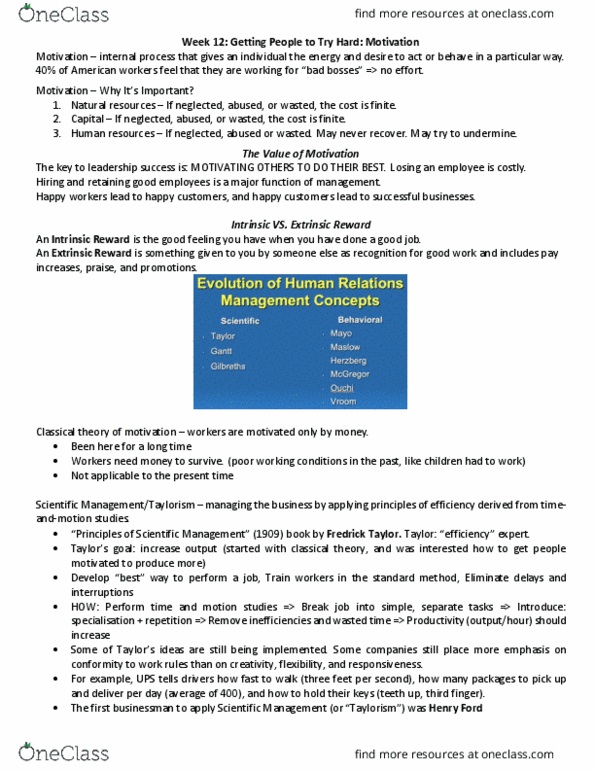 MGTA02H3 Lecture Notes - Lecture 12: Scientific Management, Theory-Theory, Human Resources thumbnail