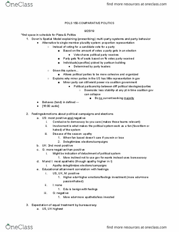 POLS 150 Lecture Notes - Lecture 9: First-Past-The-Post Voting, Unix System Iii, Wield thumbnail
