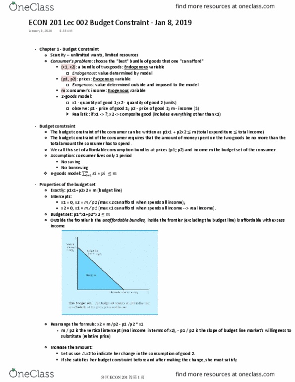 ECON201 Lecture Notes - Lecture 2: Budget Constraint, Exogeny, Composite Good thumbnail