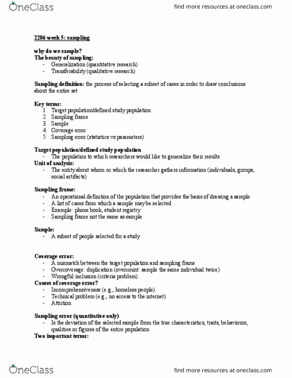 Sociology 2206A/B Lecture Notes - Lecture 5: Sampling Frame, Sampling Error, Statistical Parameter thumbnail