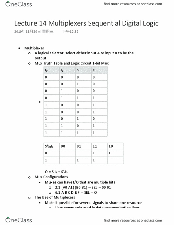 CMPSC 64 Lecture Notes - Lecture 14: Sequential Logic, Multiplexer, Truth Table thumbnail