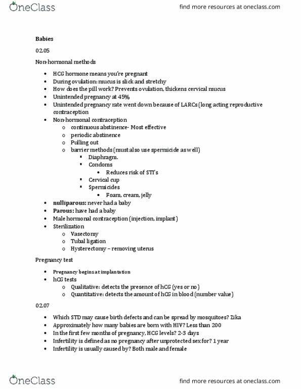 NURS 450 Lecture Notes - Lecture 1: Tubal Ligation, Cervix, Unintended Pregnancy thumbnail