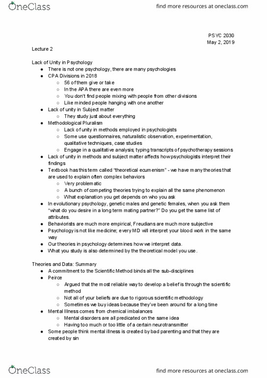 PSYC 2030 Lecture Notes - Lecture 2: Naturalistic Observation, Scientific Method, Psychologies thumbnail