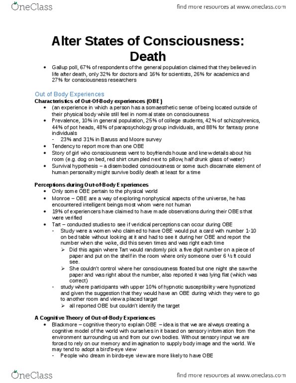 Psychology 2011A/B Chapter Notes - Chapter 9: Near-Death Experience, Deep Hypothermic Circulatory Arrest, Fantasy Prone Personality thumbnail