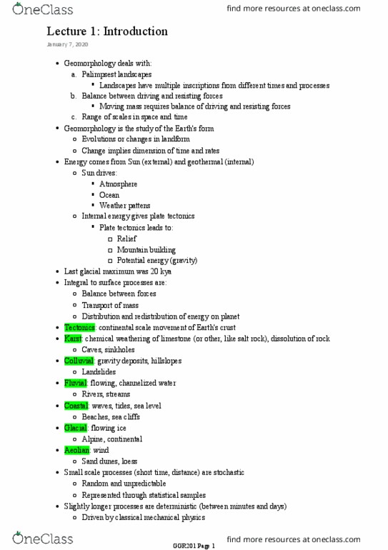 GGR201H1 Lecture Notes - Lecture 1: Last Glacial Maximum, Geomorphology, Palimpsest thumbnail