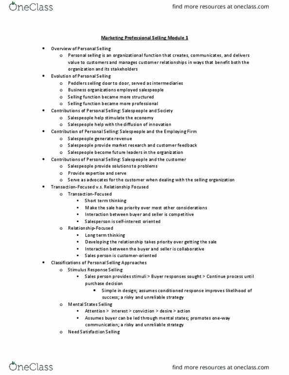 MAR4400 Chapter Notes - Chapter 1: Personal Selling, Active Listening, Normative Social Influence thumbnail