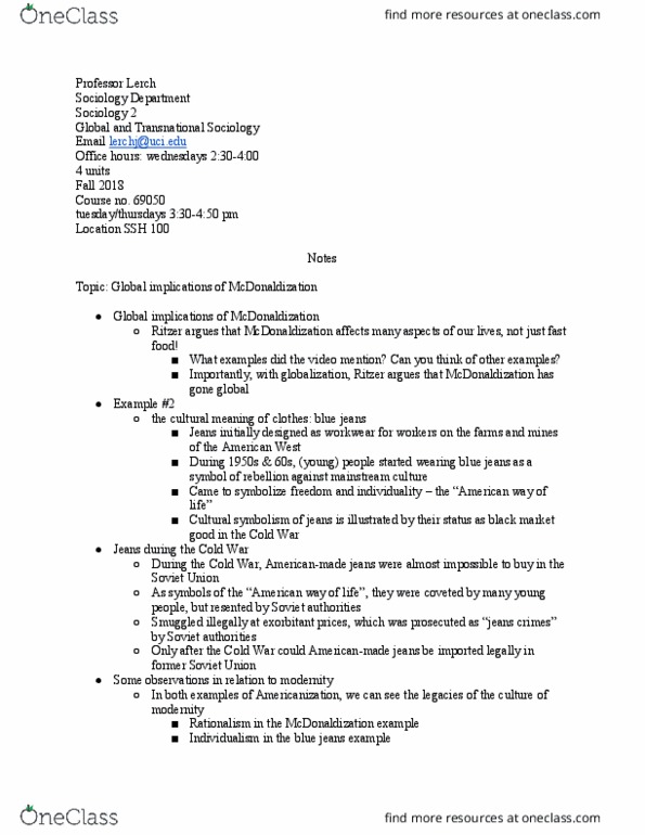 SOCIOL 2 Chapter Notes - Chapter 4: Mcdonaldization, Cultural Globalization, Individualism thumbnail