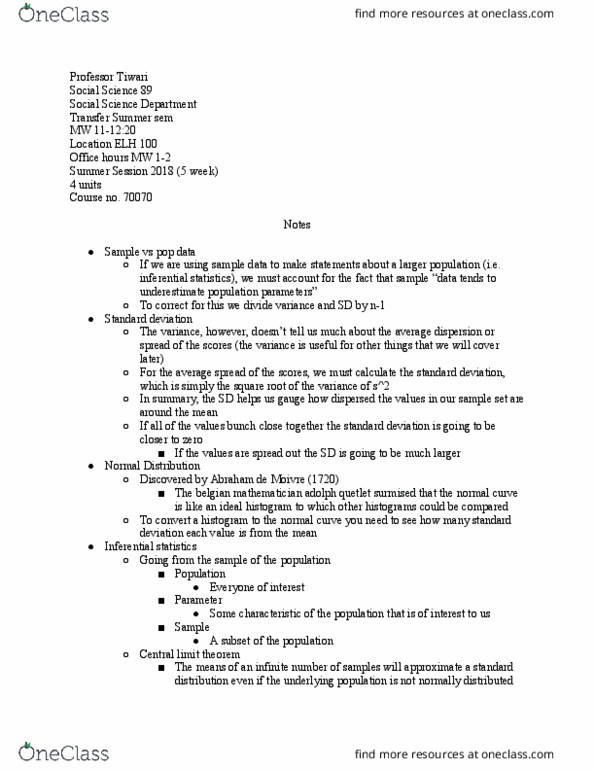 SOC SCI 89 Lecture Notes - Lecture 5: Abraham De Moivre, Central Limit Theorem, Statistical Inference thumbnail