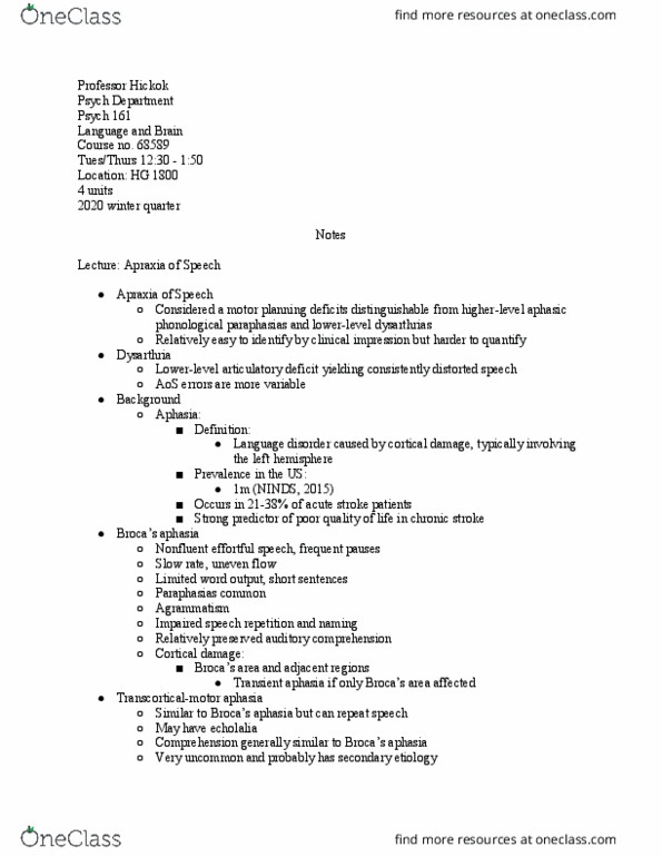 PSYCH 161 Lecture Notes - Lecture 1: Paraphasia, Speech Repetition, Dysarthria thumbnail