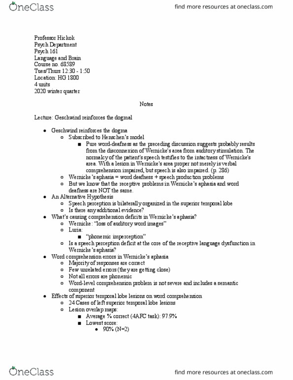 PSYCH 161 Lecture Notes - Lecture 1: Temporal Lobe, Speech Perception, Psych thumbnail