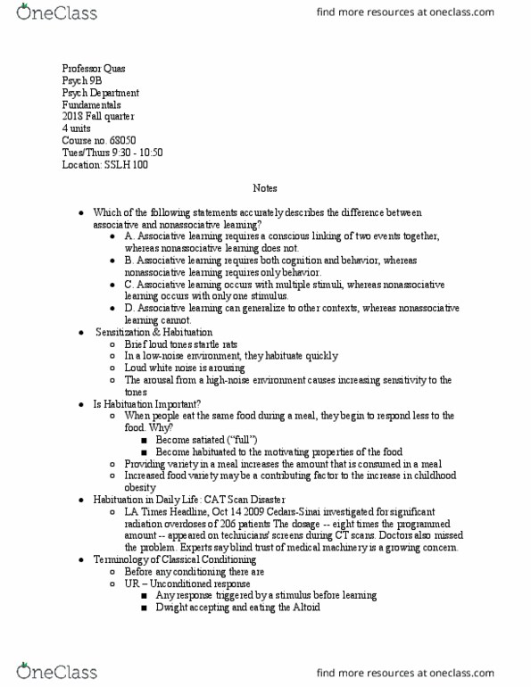 PSYCH 9B Lecture Notes - Lecture 1: Learning, Classical Conditioning, White Noise thumbnail