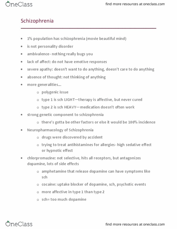 Pharmacology 3620 Lecture Notes - Lecture 5: Neuropharmacology, Chlorpromazine, Schizophrenia thumbnail