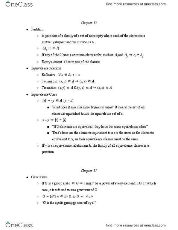 MA 45300 Lecture Notes - Lecture 43: Equivalence Class, Cyclic Group, Isomorphism thumbnail