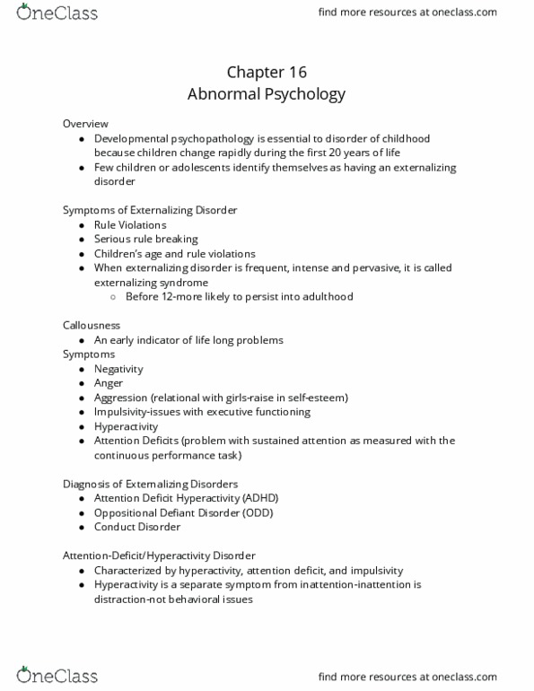 01:830:340 Lecture Notes - Lecture 16: Oppositional Defiant Disorder, Developmental Psychopathology, Conduct Disorder thumbnail