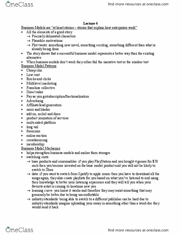 ENTR200 Lecture Notes - Lecture 4: Apple Music, Freemium, Switching Barriers thumbnail