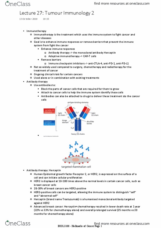 BIOL3108 Lecture Notes - Lecture 27: Trastuzumab, Immune Checkpoint, Immunotherapy thumbnail