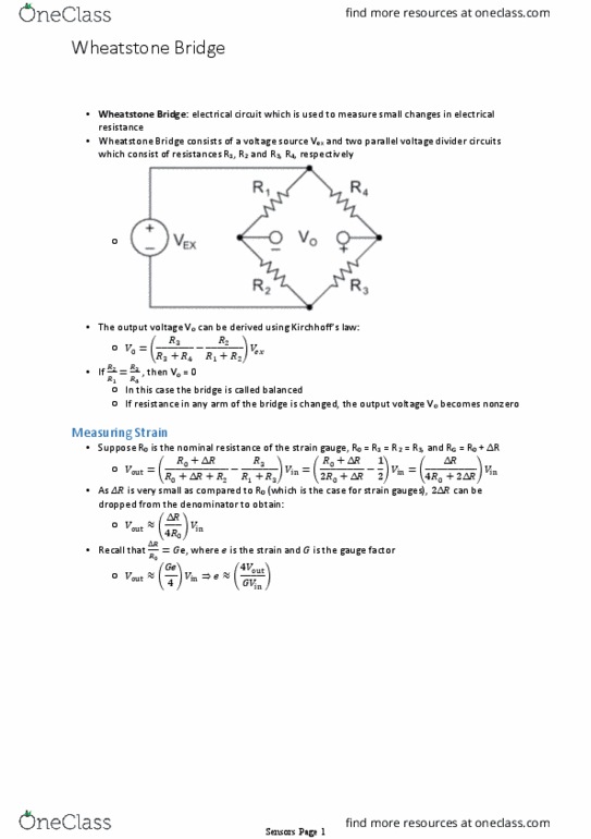Mechatronic Systems Engineering 2201A/B Lecture Notes - Lecture 15: Strain Gauge, Charles Wheatstone, Electrical Network thumbnail