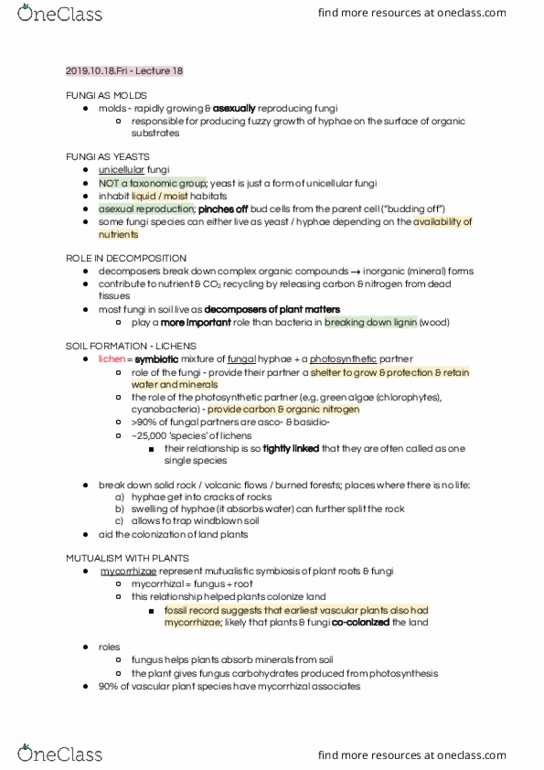 BIOL108 Lecture Notes - Lecture 17: Vascular Plant, Lichen, Lignin thumbnail