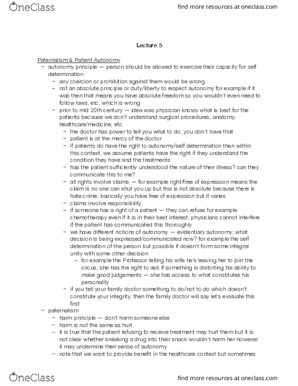 PHILOS 2D03 Lecture Notes - Lecture 5: Harm Principle, Paternalism, Chemotherapy thumbnail
