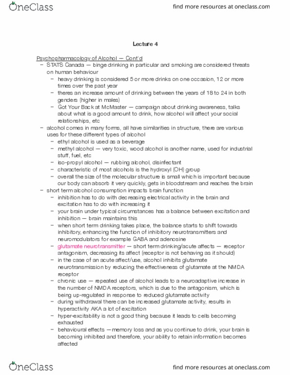 PSYCH 2NF3 Lecture Notes - Lecture 4: Nmda Receptor, Binge Drinking, Methanol thumbnail