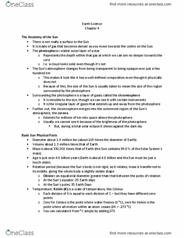 Earth Sciences 1086F/G Chapter Notes - Chapter 4: Spheroid, Photosphere, Chromosphere thumbnail