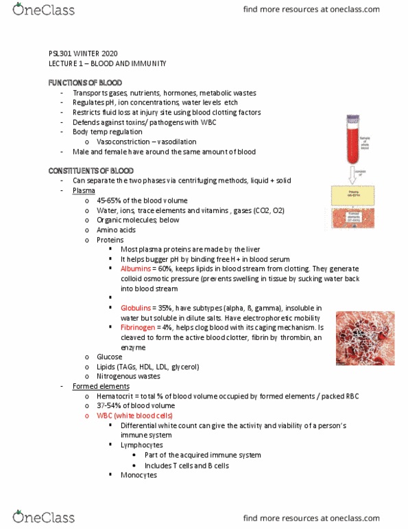 PSL301H1 Lecture Notes - Lecture 1: Oncotic Pressure, Electrophoresis, Thrombin cover image