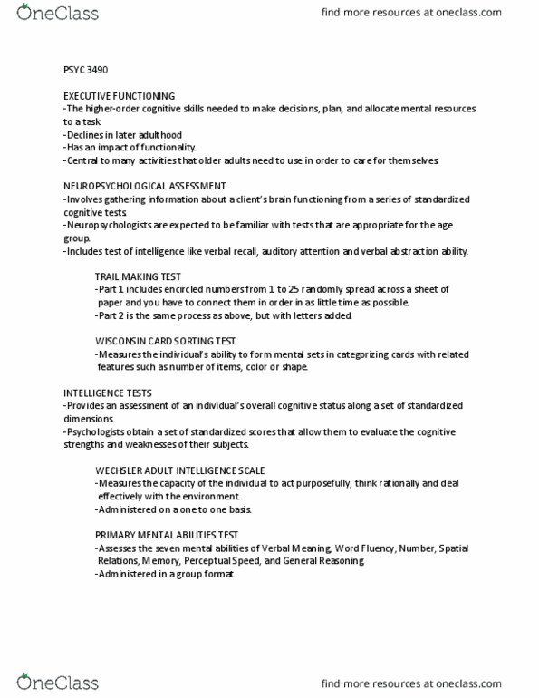 PSYC 3490 Chapter Notes - Chapter 7: Wisconsin Card Sorting Test, Wechsler Adult Intelligence Scale, Neuropsychology thumbnail