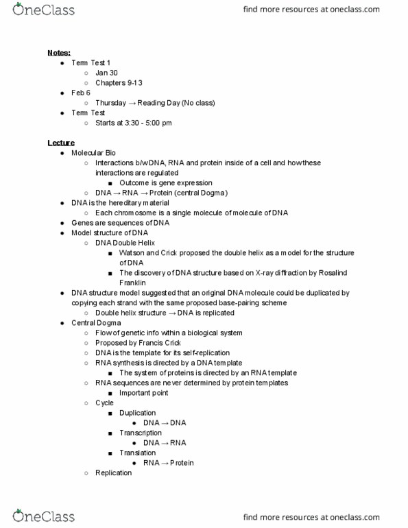 BIO372H5 Lecture Notes - Lecture 1: Nucleic Acid Double Helix, Chromosome thumbnail