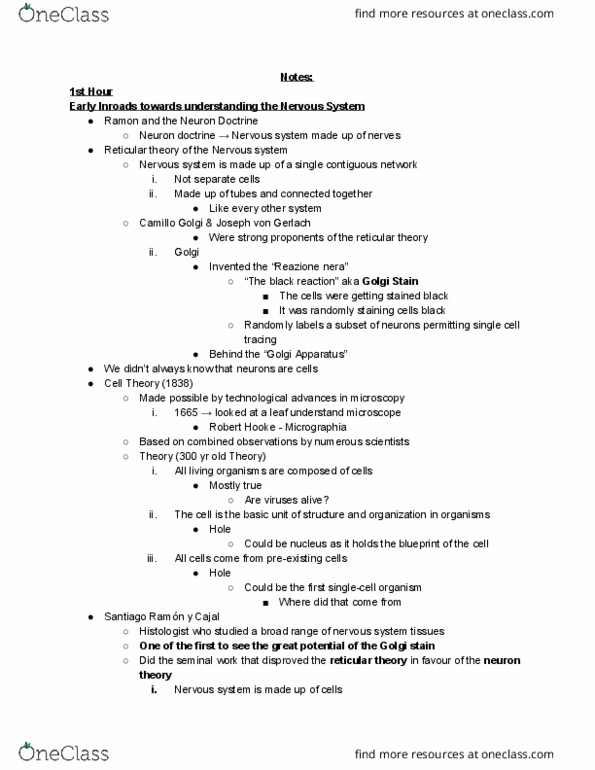 BIO304H5 Lecture Notes - Lecture 2: Joseph Von Gerlach, Camillo Golgi, Golgi'S Method thumbnail