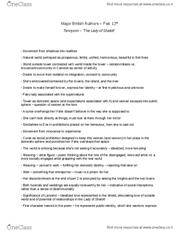 English 2033E Lecture : The Lady of Shalott - Tennyson thumbnail