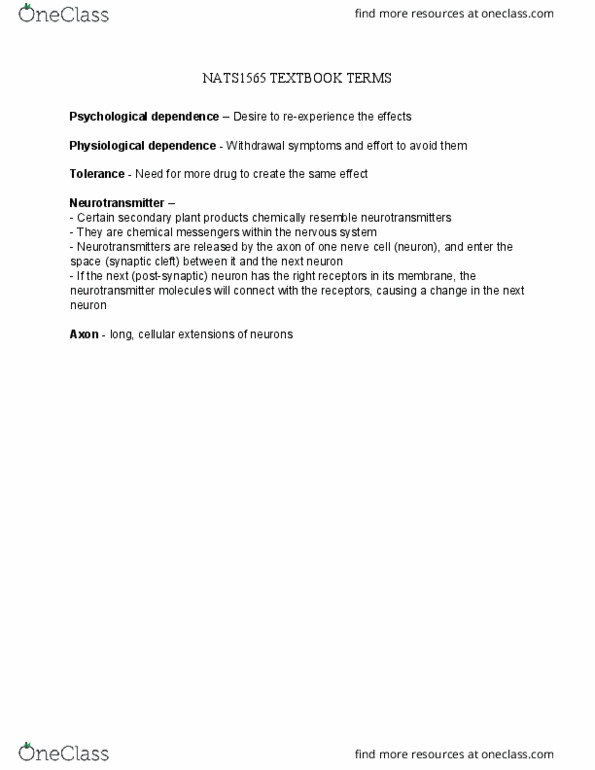 NATS 1565 Chapter Notes - Chapter 4: Psychological Dependence, Neuron thumbnail