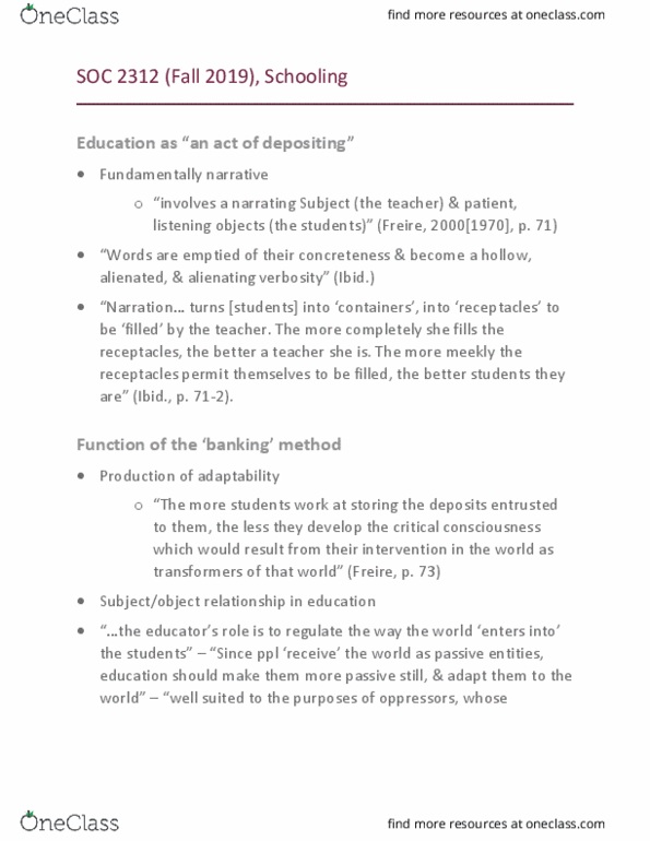 SOC 2312 Lecture Notes - Lecture 14: Intentionality, Social Inequality, Deschooling thumbnail