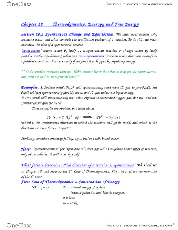 CHM 2046 Chapter Notes - Chapter 18: Thermodynamics, Lead, Sodium Chloride thumbnail