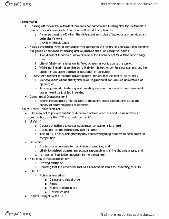 BLAW 430 Lecture Notes - Lecture 16: Lanham Act, False Advertising, Puffery thumbnail