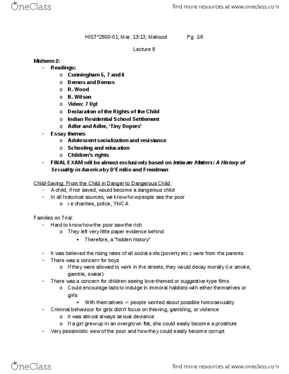 HIST 2800 Lecture Notes - Lecture 8: Solitary Confinement, Juvenile Delinquency, Child Neglect thumbnail